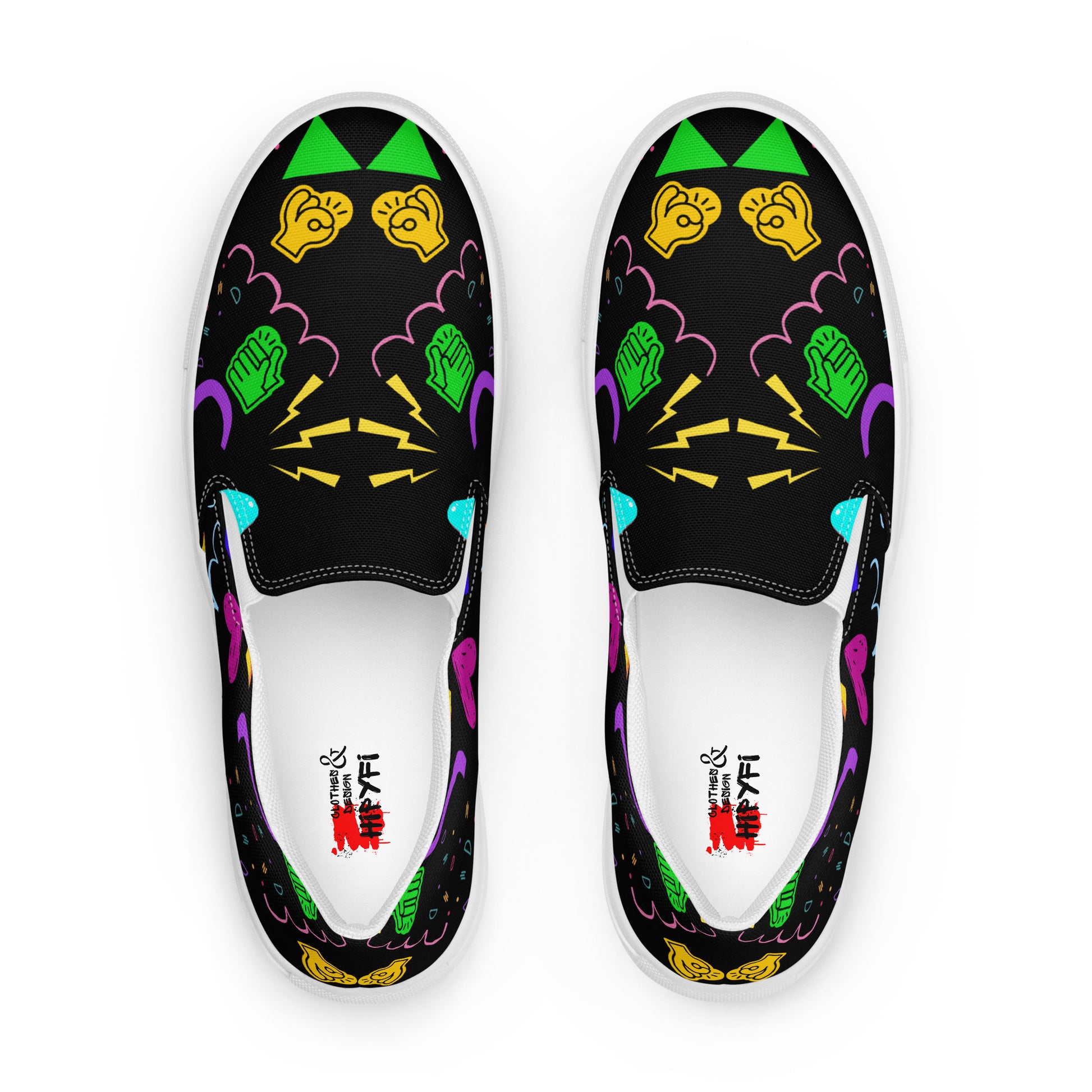 Women's Retro Canvas Slip-On Sneakers with vibrant 80s Memphis-style abstract pattern on black background – stylish, lightweight, and eco-friendly casual shoes by Hipyfi Clothes & Design. white-front-4