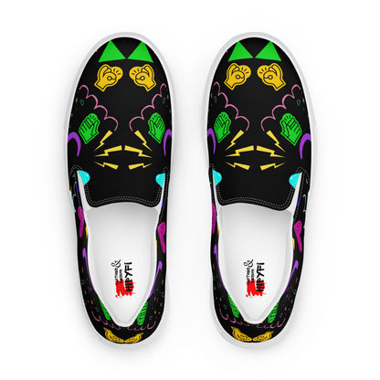 Women's Retro Canvas Slip-On Sneakers with vibrant 80s Memphis-style abstract pattern on black background – stylish, lightweight, and eco-friendly casual shoes by Hipyfi Clothes & Design. white-front-4