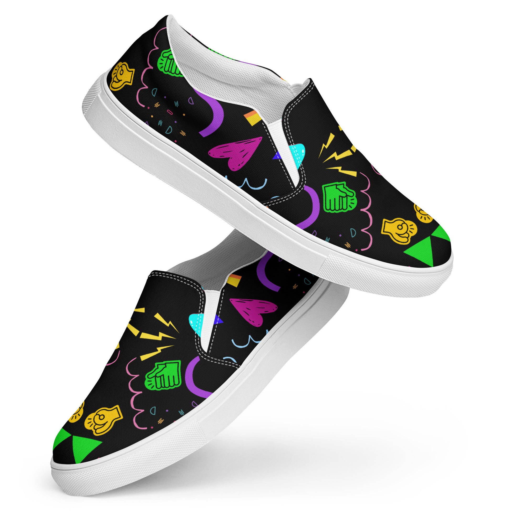 Women's Retro Canvas Slip-On Sneakers with vibrant 80s Memphis-style abstract pattern on black background – stylish, lightweight, and eco-friendly casual shoes by Hipyfi Clothes & Design. white-front-5