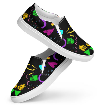 Women's Retro Canvas Slip-On Sneakers with vibrant 80s Memphis-style abstract pattern on black background – stylish, lightweight, and eco-friendly casual shoes by Hipyfi Clothes & Design. white-front-5
