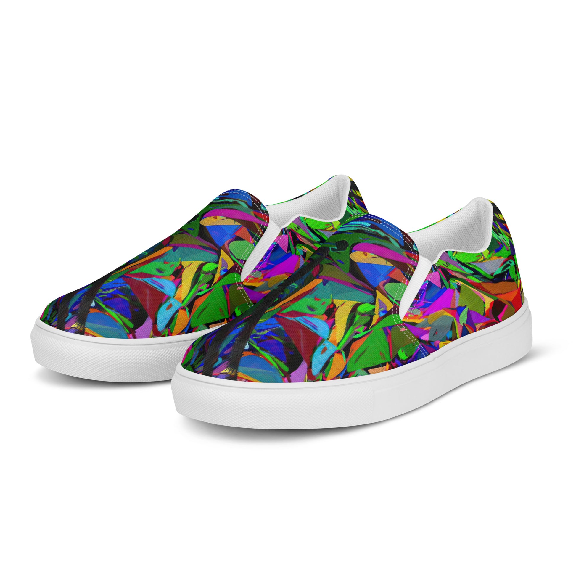 Bold Neon Mythos Women's Slip-On Canvas Sneakers by Hipyfi – Vibrant abstract graphic design with neon colors, perfect for street style and modern fashion. white-left-front-2
