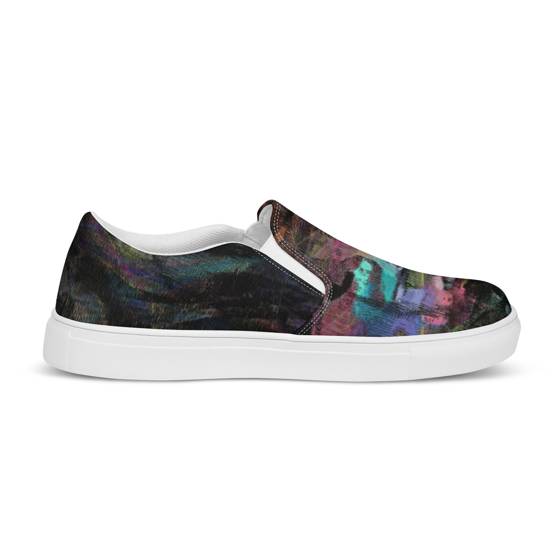 Close-up of Hipyfi Women’s Chromatic Dreams slip-on sneakers, showcasing a modern abstract face design with multicolor, elastic side accents, and a cushioned sole for comfort. white-left-inside