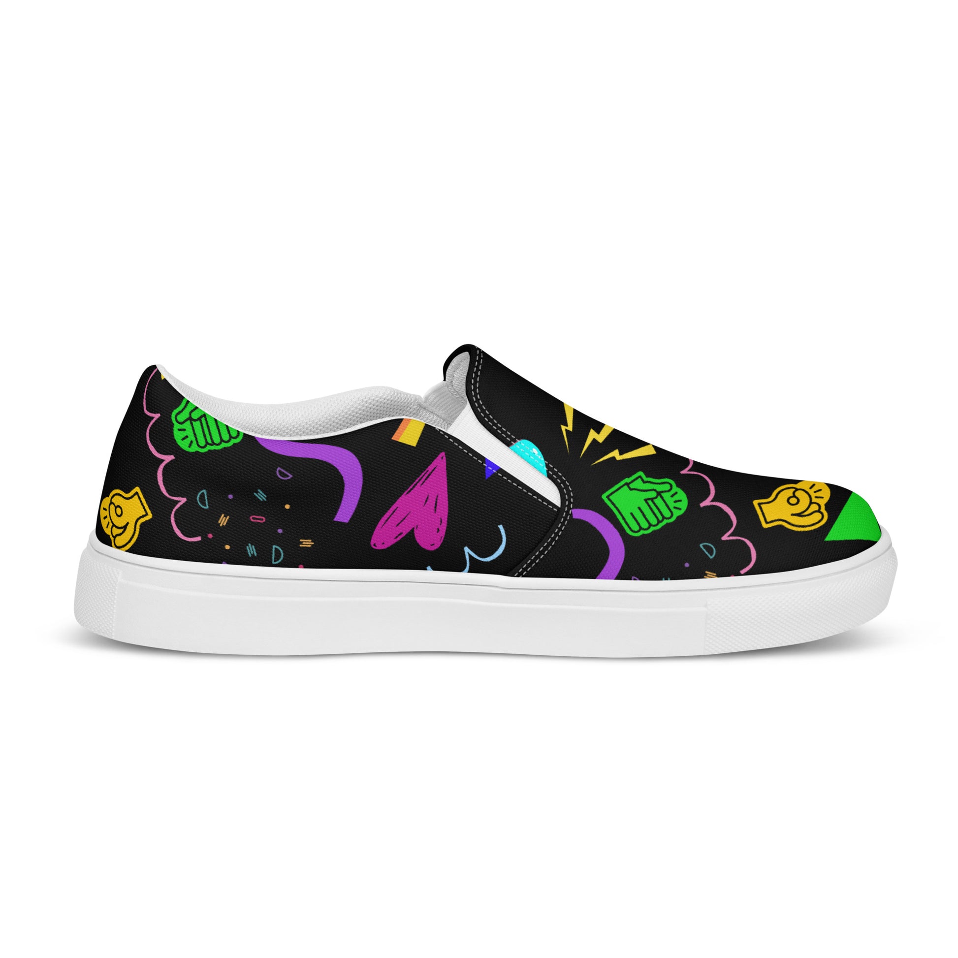 Women's Retro Canvas Slip-On Sneakers with vibrant 80s Memphis-style abstract pattern on black background – stylish, lightweight, and eco-friendly casual shoes by Hipyfi Clothes & Design. white-left-inside