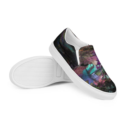 Close-up of Hipyfi Women’s Chromatic Dreams slip-on sneakers, showcasing a modern abstract face design with multicolor, elastic side accents, and a cushioned sole for comfort. white-right-front