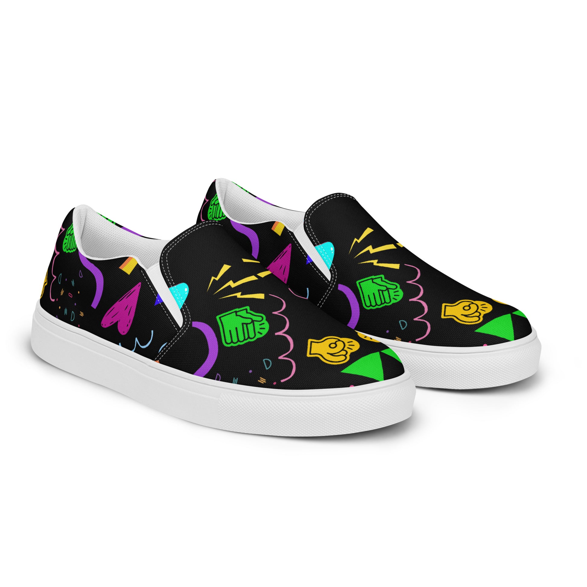 Women's Retro Canvas Slip-On Sneakers with vibrant 80s Memphis-style abstract pattern on black background – stylish, lightweight, and eco-friendly casual shoes by Hipyfi Clothes & Design. white-right-front