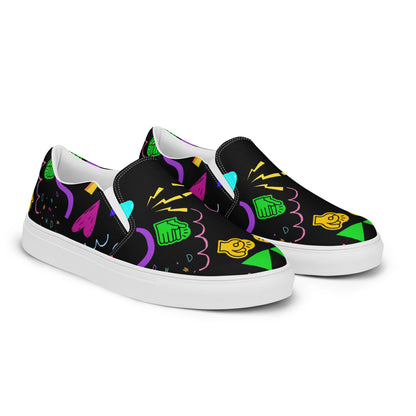 Women's Retro Canvas Slip-On Sneakers with vibrant 80s Memphis-style abstract pattern on black background – stylish, lightweight, and eco-friendly casual shoes by Hipyfi Clothes & Design. white-right-front