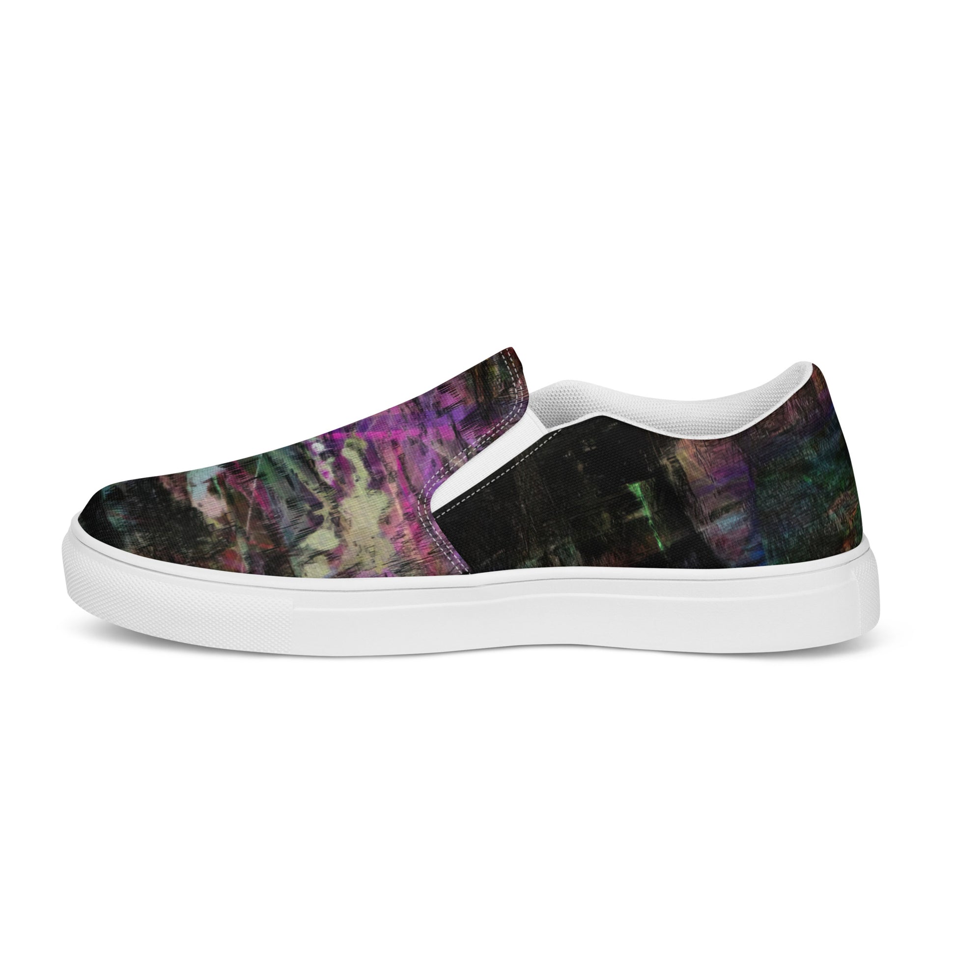 Close-up of Hipyfi Women’s Chromatic Dreams slip-on sneakers, showcasing a modern abstract face design with multicolor, elastic side accents, and a cushioned sole for comfort. white-right-inside-2
