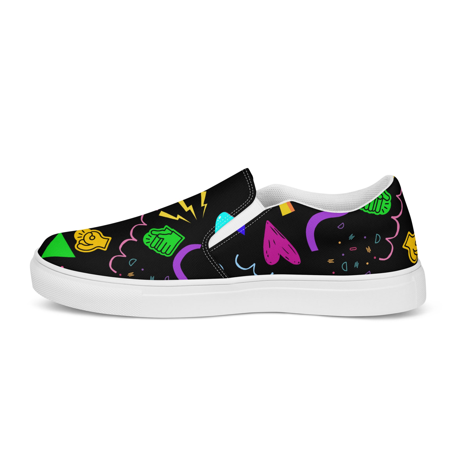 Women's Retro Canvas Slip-On Sneakers with vibrant 80s Memphis-style abstract pattern on black background – stylish, lightweight, and eco-friendly casual shoes by Hipyfi Clothes & Design. white-right-inside