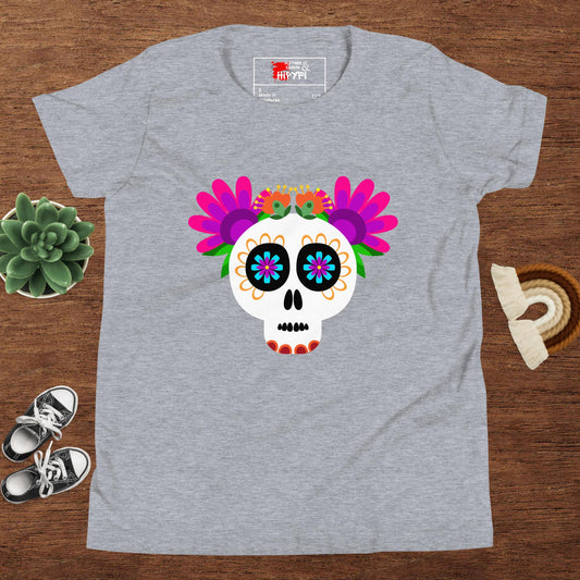 Hipyfi Kids T-Shirt – Vibrant Sugar Skull and Floral Design, Day of the Dead inspired graphic tee for youth Athletic Heather
