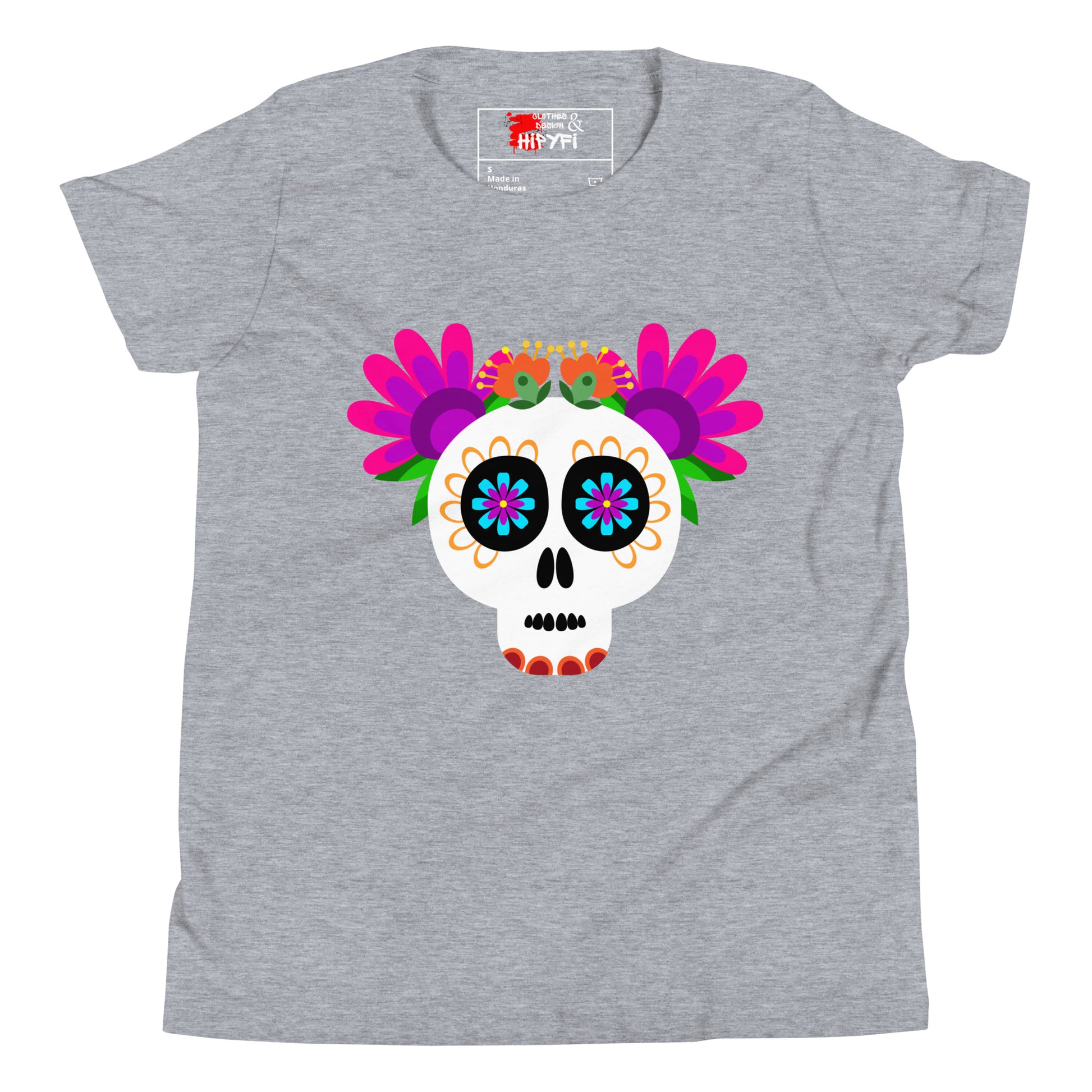 Hipyfi Kids T-Shirt – Vibrant Sugar Skull and Floral Design, Day of the Dead inspired graphic tee for youth Athletic Heather-2