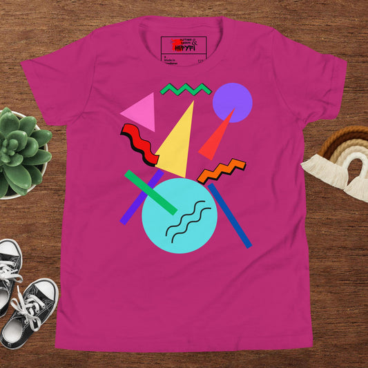 Hipyfi Retro Memphis Youth Tee – Vibrant Geometric Print, 80s-inspired graphic t-shirt for kids, colorful geometric design Berry
