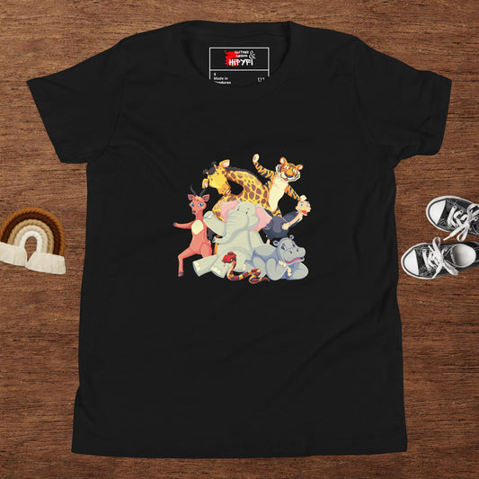 Hipyfi Kids Animal Adventure Graphic T-Shirt featuring colorful cartoon wild animals for children Black