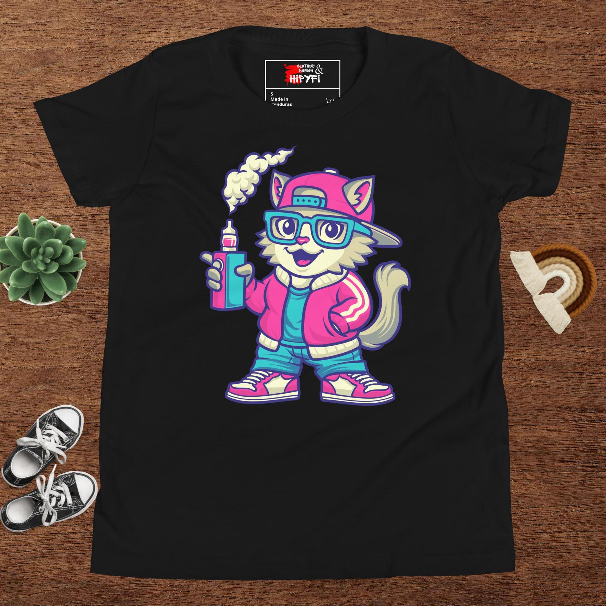 Youth streetwear t-shirt with cartoon cat graphic – Hipyfi urban style tee for kids and teens Black