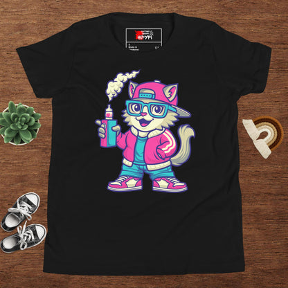 Youth streetwear t-shirt with cartoon cat graphic – Hipyfi urban style tee for kids and teens Black