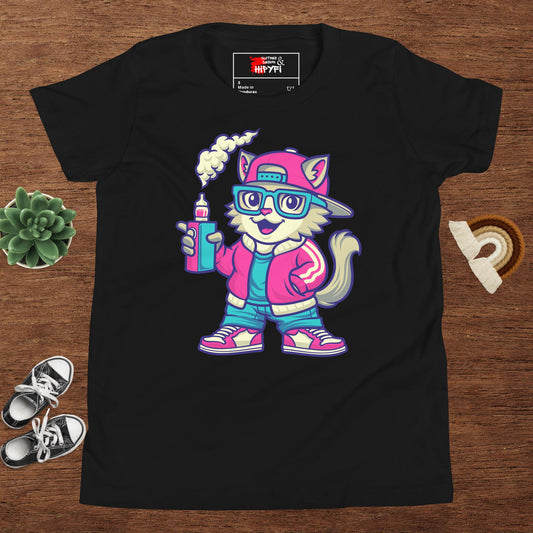Youth streetwear t-shirt with cartoon cat graphic – Hipyfi urban style tee for kids and teens Black