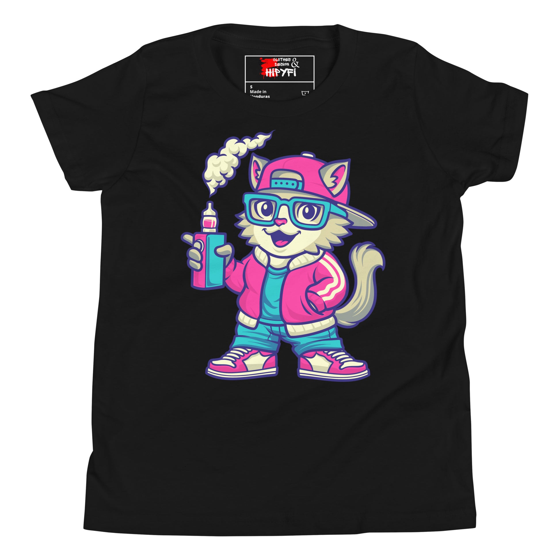 Youth streetwear t-shirt with cartoon cat graphic – Hipyfi urban style tee for kids and teens Black-2