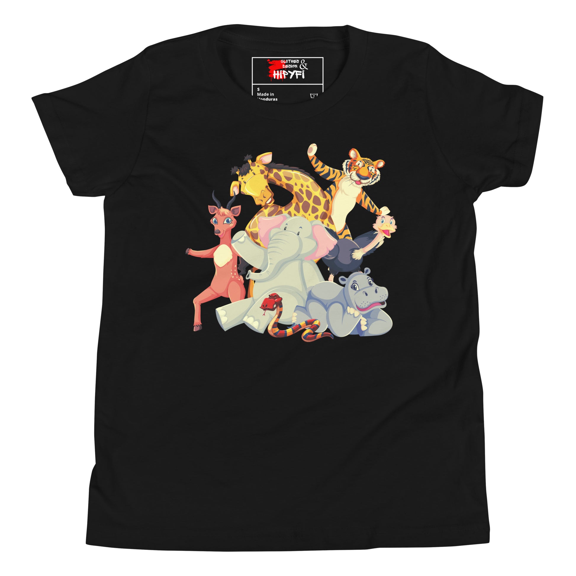 Hipyfi Kids Animal Adventure Graphic T-Shirt featuring colorful cartoon wild animals for children Black-2