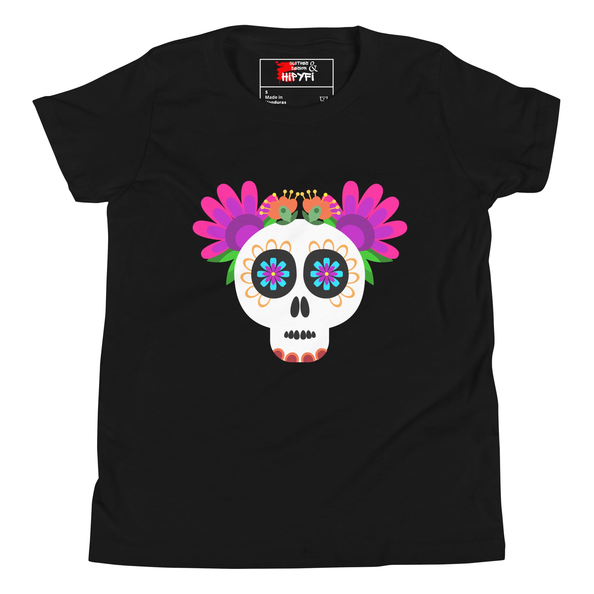 Hipyfi Kids T-Shirt – Vibrant Sugar Skull and Floral Design, Day of the Dead inspired graphic tee for youth Black-2