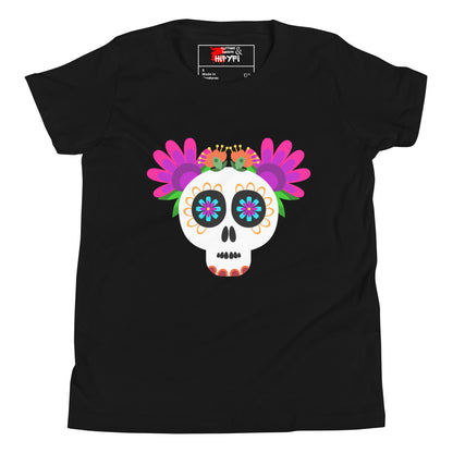 Hipyfi Kids T-Shirt – Vibrant Sugar Skull and Floral Design, Day of the Dead inspired graphic tee for youth Black-2