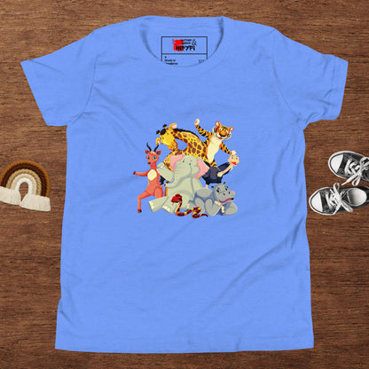 Hipyfi Kids Animal Adventure Graphic T-Shirt featuring colorful cartoon wild animals for children Heather Columbia Blue