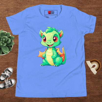 Hipyfi Kids' Baby Dragon Short Sleeve T-shirt – Cute dragon graphic design, soft cotton fabric, and comfortable unisex fit. Heather Columbia Blue