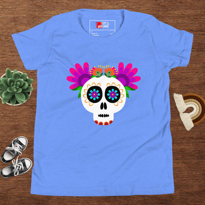 Hipyfi Kids T-Shirt – Vibrant Sugar Skull and Floral Design, Day of the Dead inspired graphic tee for youth Heather Columbia Blue