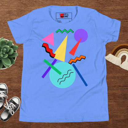 Hipyfi Retro Memphis Youth Tee – Vibrant Geometric Print, 80s-inspired graphic t-shirt for kids, colorful geometric design Heather columbia blue