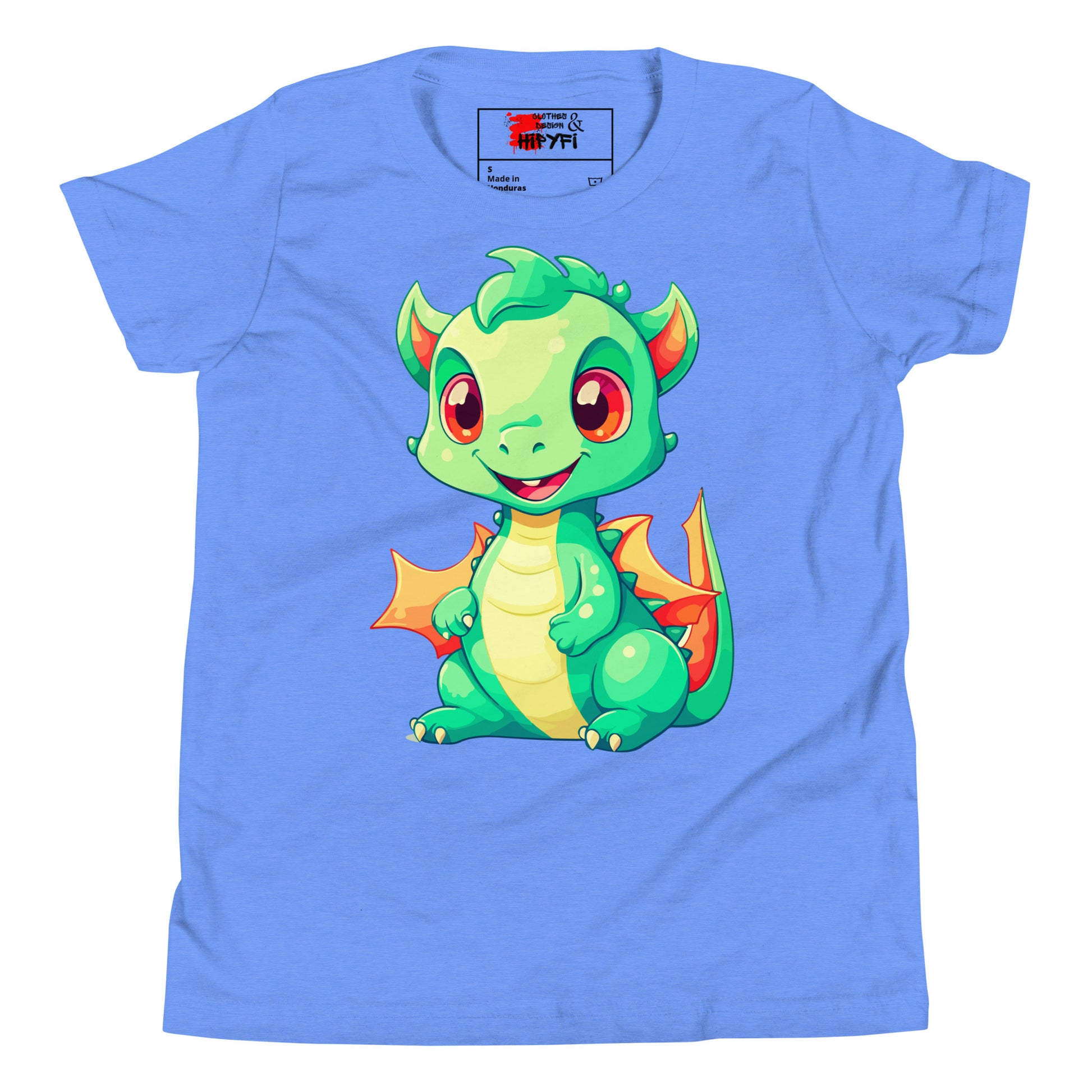 Hipyfi Kids' Baby Dragon Short Sleeve T-shirt – Cute dragon graphic design, soft cotton fabric, and comfortable unisex fit. Heather Columbia Blue-2