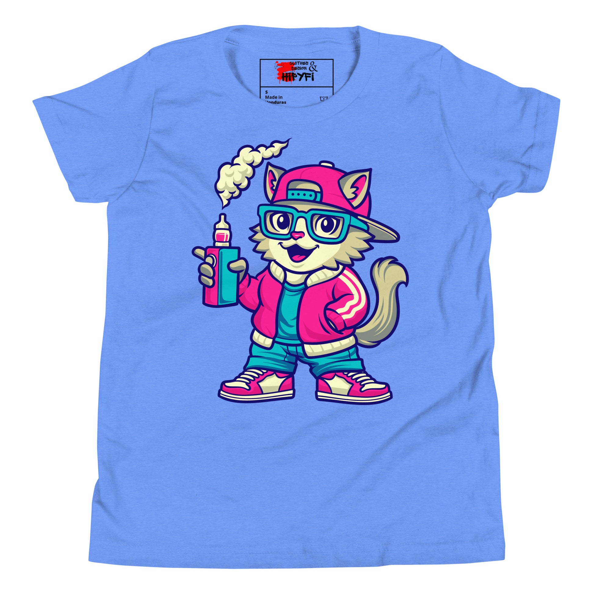 Youth streetwear t-shirt with cartoon cat graphic – Hipyfi urban style tee for kids and teens Heather Columbia Blue-2