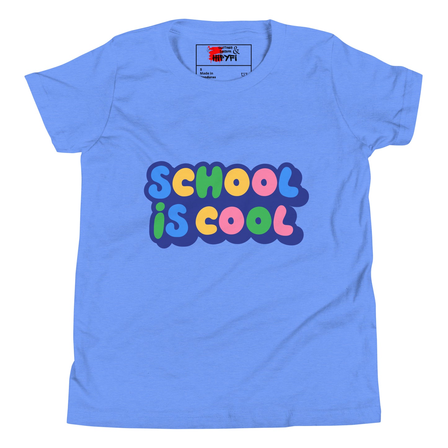 School Is Cool kids graphic t-shirt – colorful youth back to school tee by Hipyfi Clothes & Design Heather Columbia Blue-2