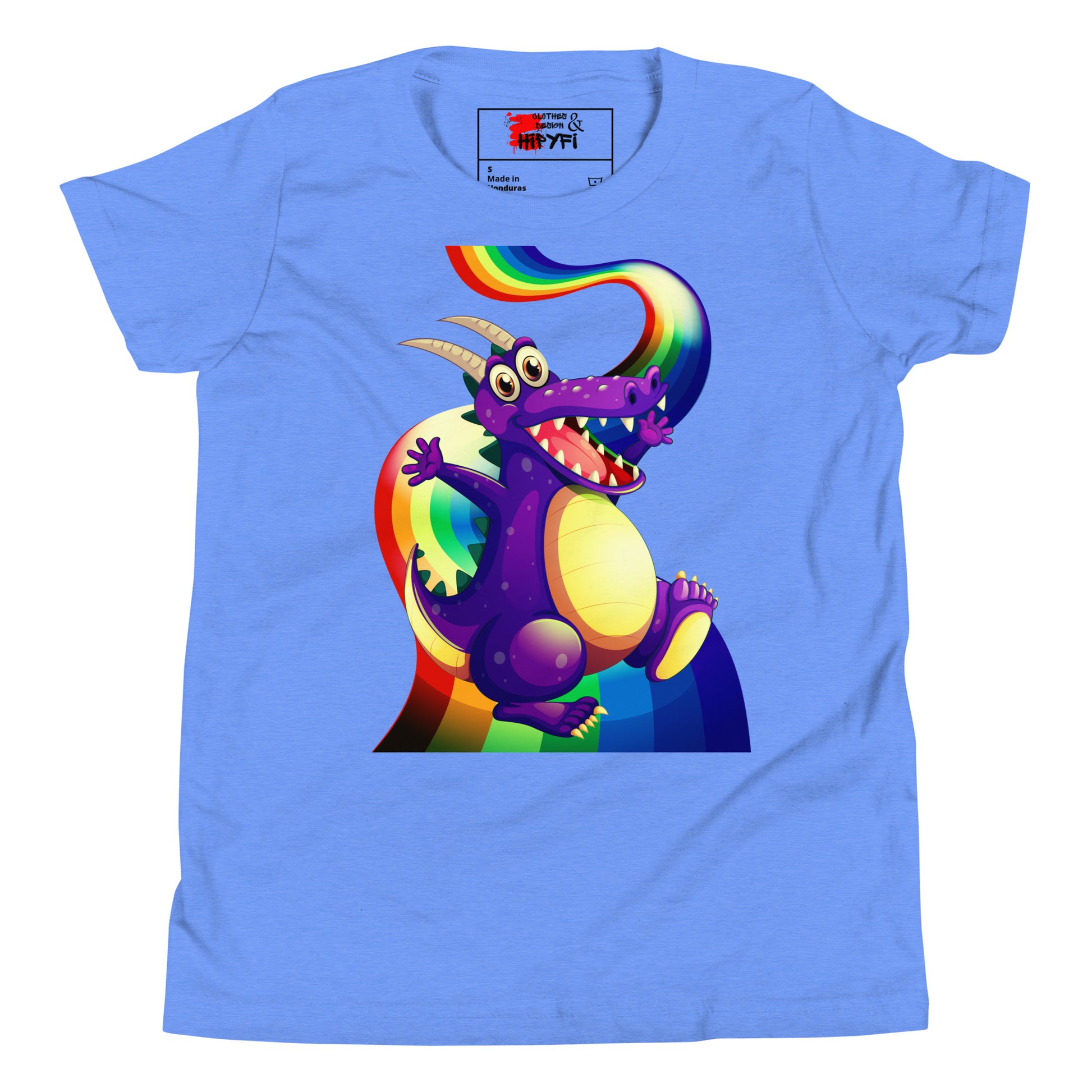 Kids Rainbow Dragon T-Shirt – Purple Fantasy Graphic Tee for Youth by Hipyfi Clothes & Design Heather Columbia Blue