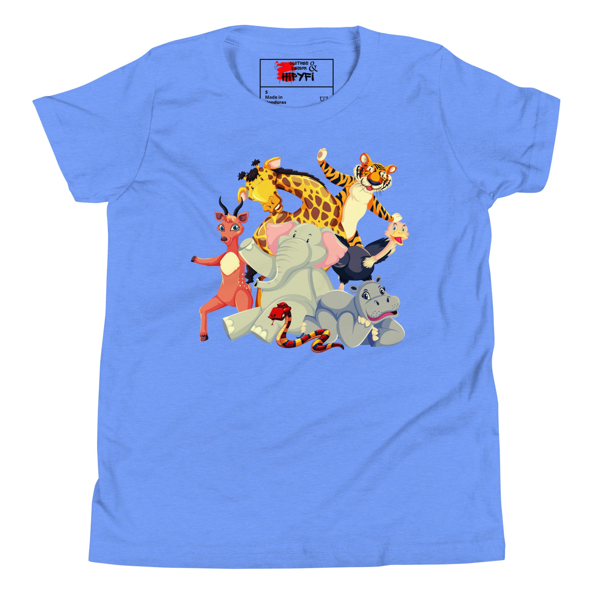 Hipyfi Kids Animal Adventure Graphic T-Shirt featuring colorful cartoon wild animals for children Heather Columbia Blue-2