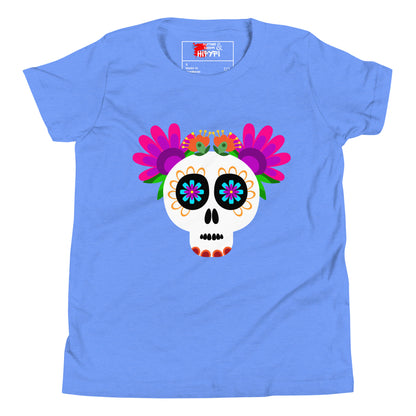 Hipyfi Kids T-Shirt – Vibrant Sugar Skull and Floral Design, Day of the Dead inspired graphic tee for youth Heather Columbia Blue-2