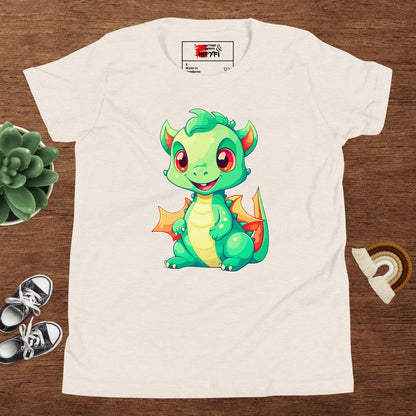 Hipyfi Kids' Baby Dragon Short Sleeve T-shirt – Cute dragon graphic design, soft cotton fabric, and comfortable unisex fit. Heather Dust