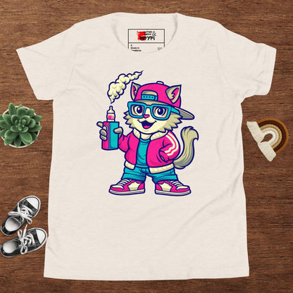Youth streetwear t-shirt with cartoon cat graphic – Hipyfi urban style tee for kids and teens Heather Dust