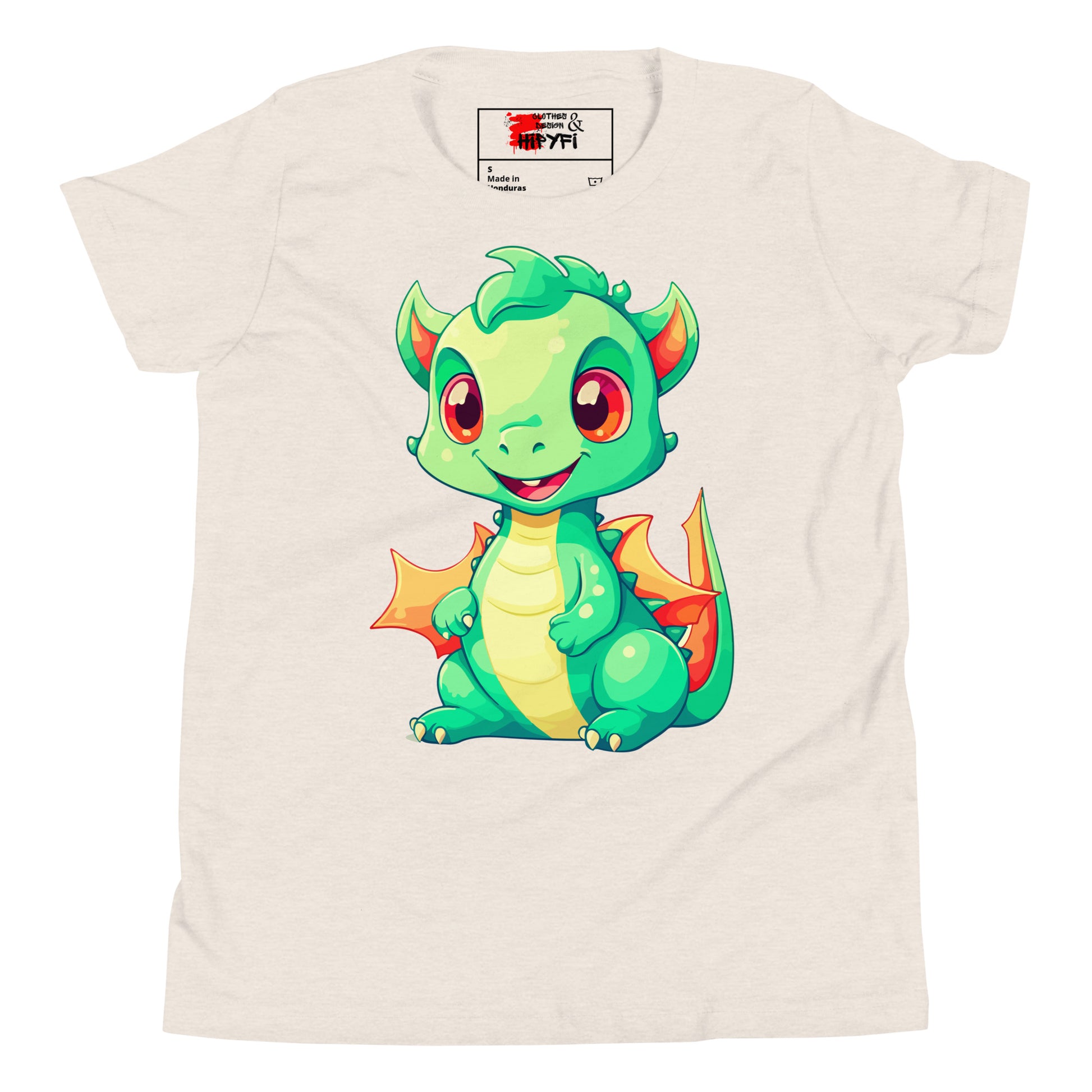 Hipyfi Kids' Baby Dragon Short Sleeve T-shirt – Cute dragon graphic design, soft cotton fabric, and comfortable unisex fit. Heather Dust-2