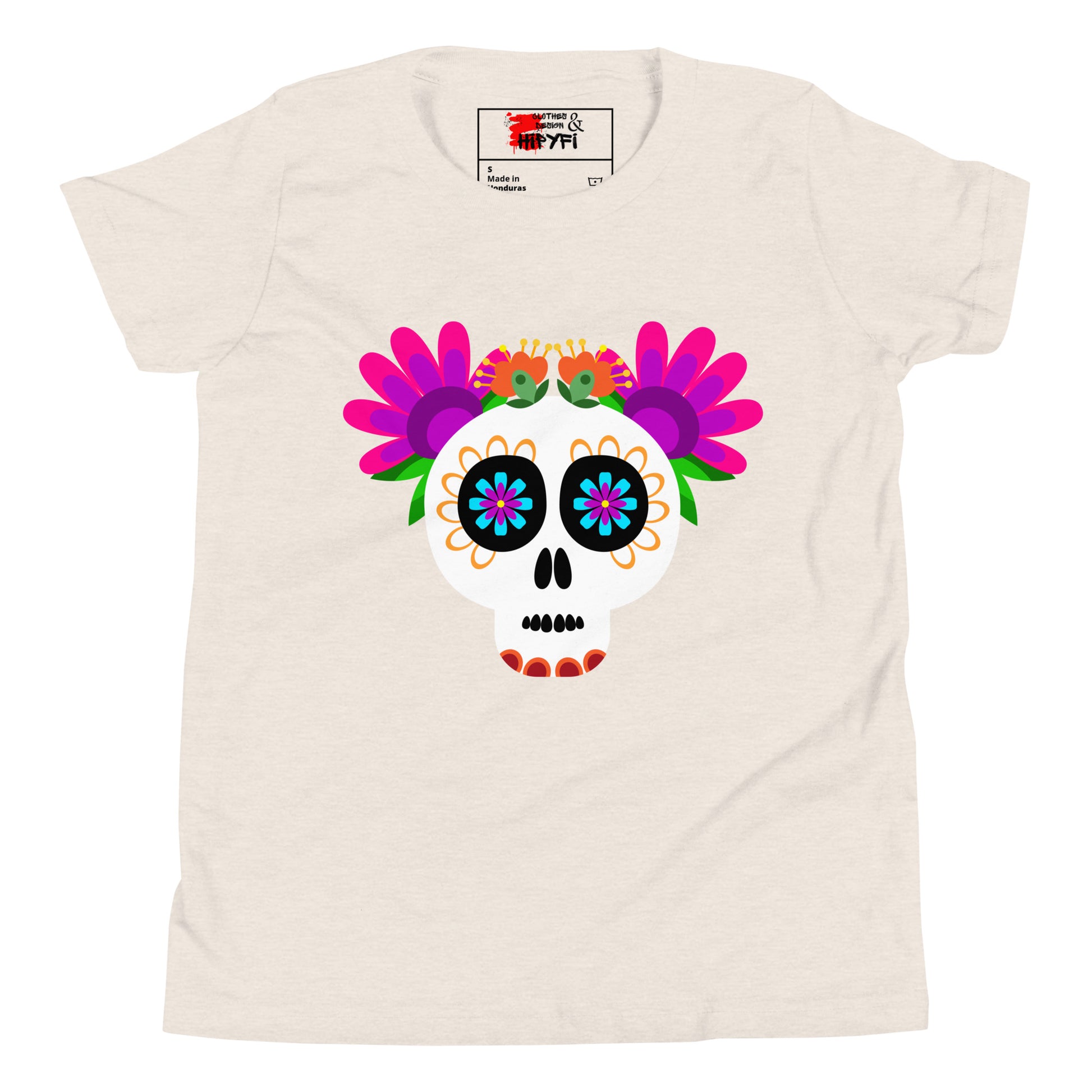 Hipyfi Kids T-Shirt – Vibrant Sugar Skull and Floral Design, Day of the Dead inspired graphic tee for youth Heather Dust-2