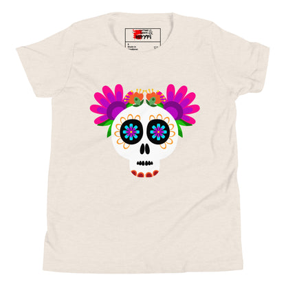 Hipyfi Kids T-Shirt – Vibrant Sugar Skull and Floral Design, Day of the Dead inspired graphic tee for youth Heather Dust-2