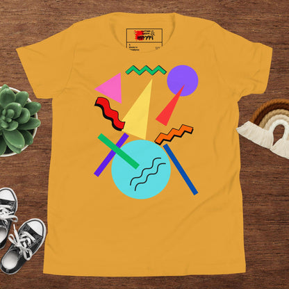 Hipyfi Retro Memphis Youth Tee – Vibrant Geometric Print, 80s-inspired graphic t-shirt for kids, colorful geometric design Mustard