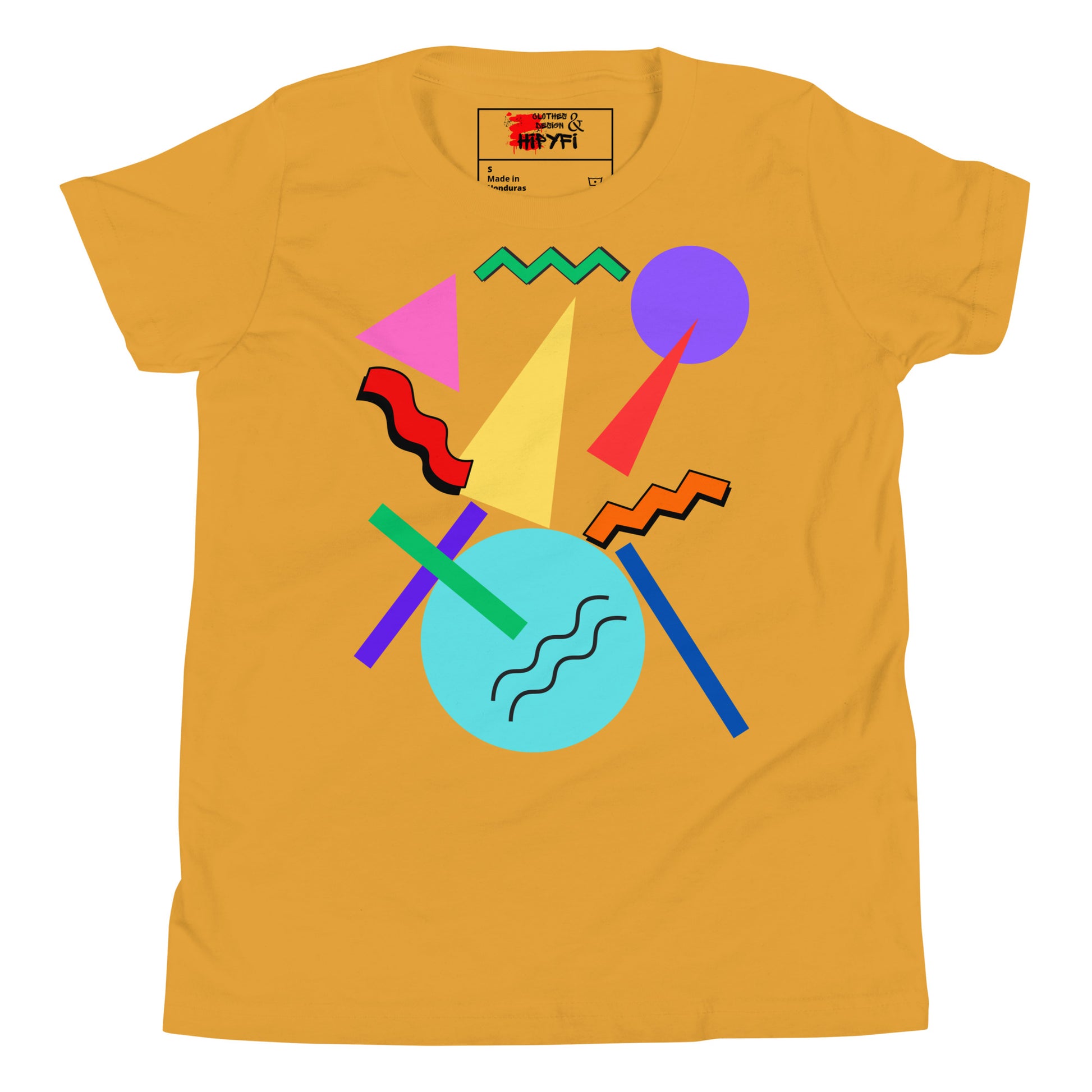 Hipyfi Retro Memphis Youth Tee – Vibrant Geometric Print, 80s-inspired graphic t-shirt for kids, colorful geometric design Mustard-2