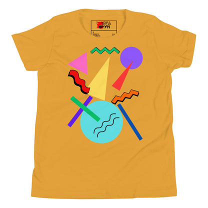 Hipyfi Retro Memphis Youth Tee – Vibrant Geometric Print, 80s-inspired graphic t-shirt for kids, colorful geometric design Mustard-2