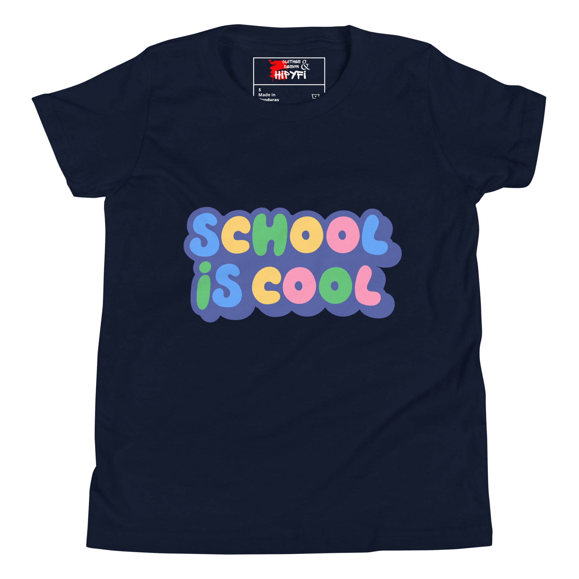 School Is Cool kids graphic t-shirt – colorful youth back to school tee by Hipyfi Clothes & Design Navy-2
