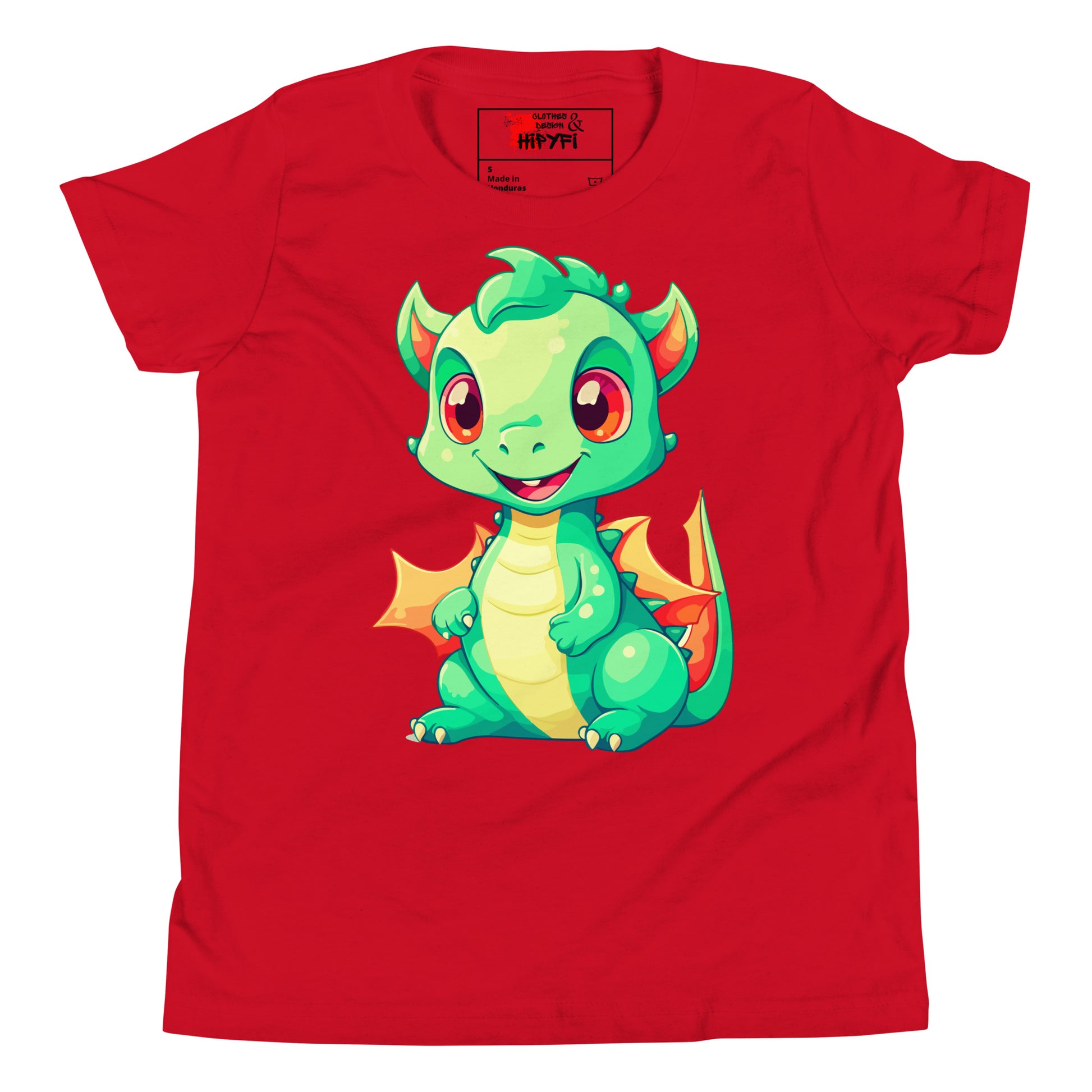 Hipyfi Kids' Baby Dragon Short Sleeve T-shirt – Cute dragon graphic design, soft cotton fabric, and comfortable unisex fit. Red-2