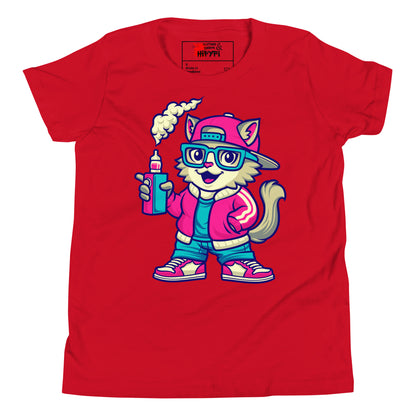 Youth streetwear t-shirt with cartoon cat graphic – Hipyfi urban style tee for kids and teens Red-2