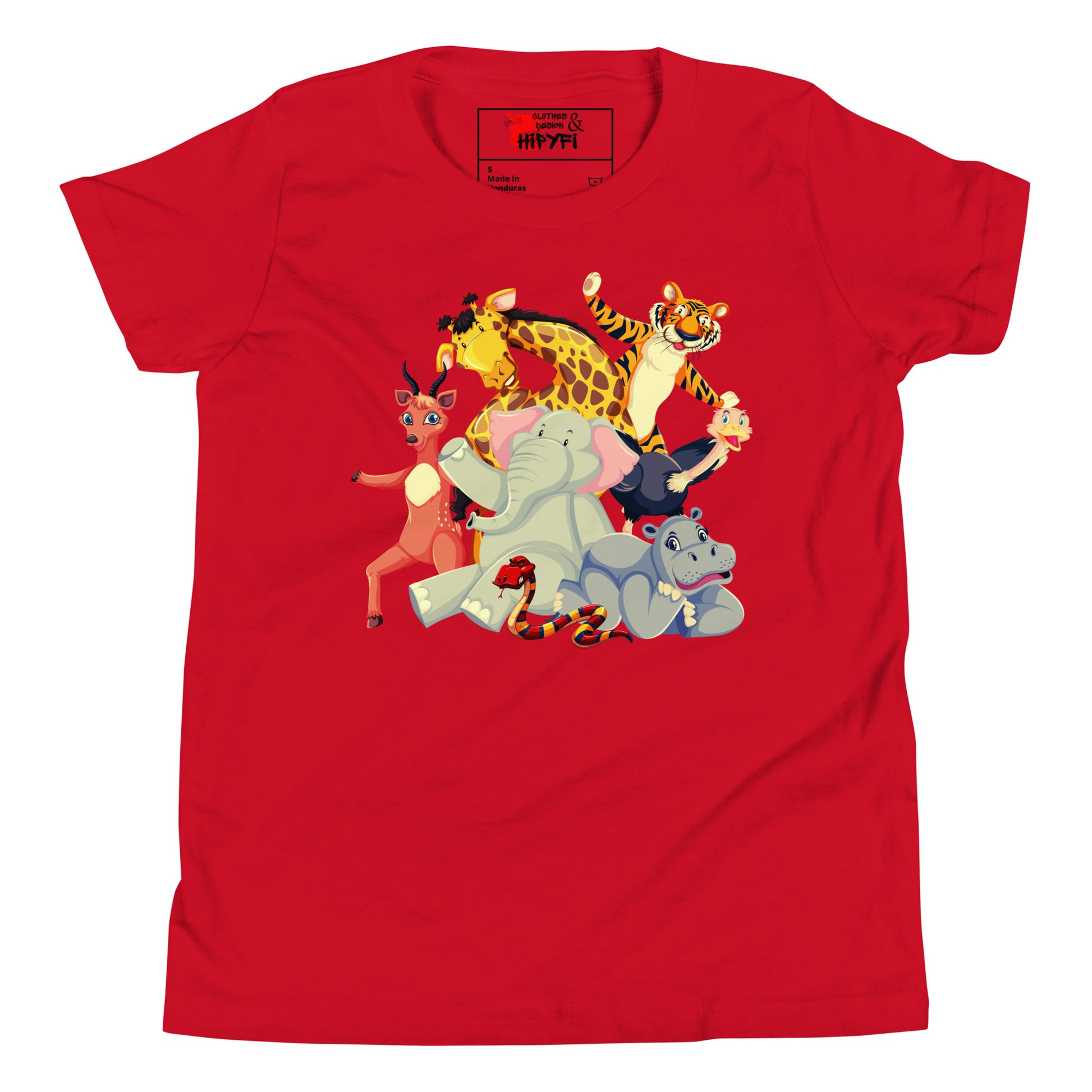 Hipyfi Kids Animal Adventure Graphic T-Shirt featuring colorful cartoon wild animals for children Red-2