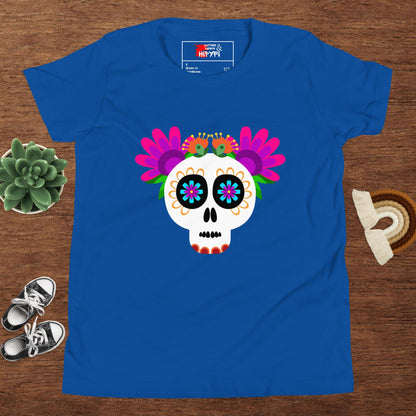 Hipyfi Kids T-Shirt – Vibrant Sugar Skull and Floral Design, Day of the Dead inspired graphic tee for youth True Royal