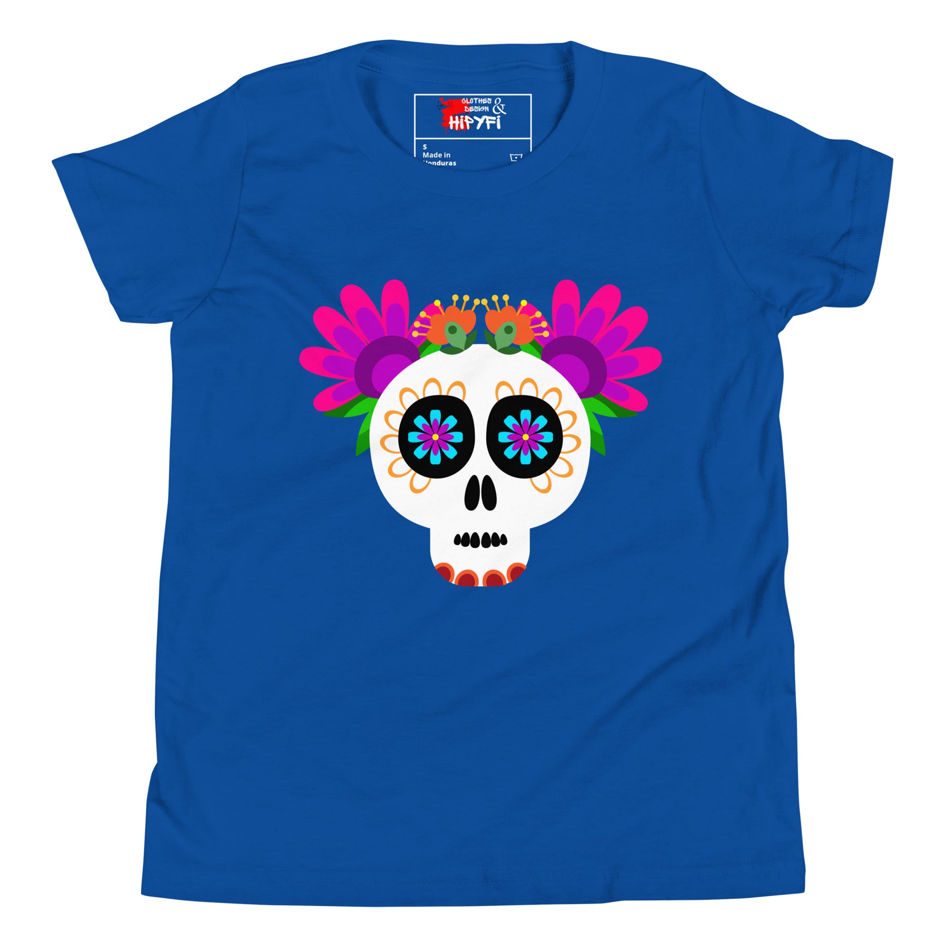 Hipyfi Kids T-Shirt – Vibrant Sugar Skull and Floral Design, Day of the Dead inspired graphic tee for youth True Royal-2