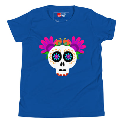 Hipyfi Kids T-Shirt – Vibrant Sugar Skull and Floral Design, Day of the Dead inspired graphic tee for youth True Royal-2