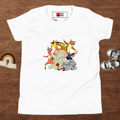 Hipyfi Kids Animal Adventure Graphic T-Shirt featuring colorful cartoon wild animals for children White