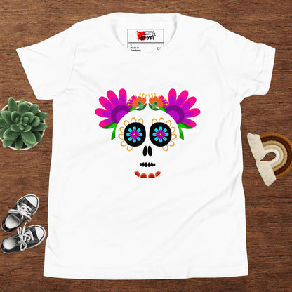 Hipyfi Kids T-Shirt – Vibrant Sugar Skull and Floral Design, Day of the Dead inspired graphic tee for youth White
